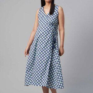 Anayna | Blue and Green Wrap Style Midi Dress Size Medium Maternity